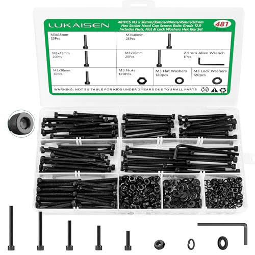 481PCS M3 Screw Assortment Kit, 12.9 Alloy Steel Hex Socket Cap Bolts | High-Tensile, M3 x 30/35/40/45/50mm, With Flat Washers & Allen Wrench, Black Zinc Plated For 3D Printing,RC,DIY,Home - size: M3 481pcs 3