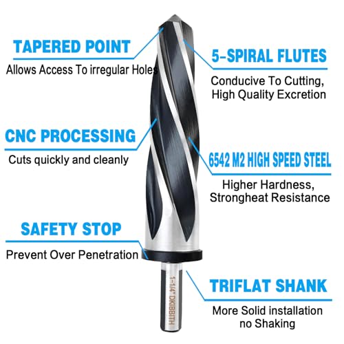 1-3/8" Bridge Construction Reamer Drill Bit, M2 HSS Taper Chucking Reamer for Steel Alloy Metal Wood Plastic, 1/2" Non-Slip Shank, 5-Spiral Flutes Car Reamer, to Align or Enlarge Holes, 35mm - size: 1-3/8"