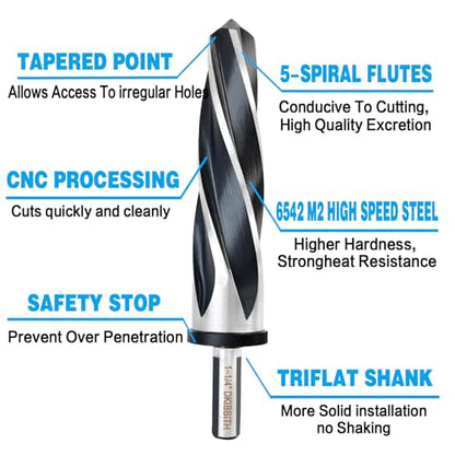1-1/4" Bridge Construction Reamer Drill Bit, M2 HSS Taper Chucking Reamer for Steel Alloy Metal Wood Plastic, 1/2" Non-Slip Shank, 5-Spiral Flutes Car Reamer, to Align or Enlarge Holes, 32mm - size: 1-1/4"