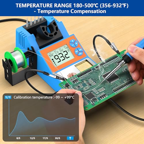 Soldering Station, 140W Digital Display Soldering Iron Station Kit with 2 Helping Hands, 356°F-932°F, Auto Sleep, °C/°F Conversion, Solder Wire, 5 Tips, Solder Sucker, Tweezers, Tip Cleaner, Blue - color: Blue