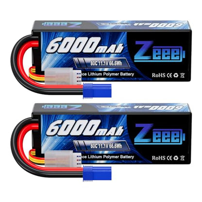 Zeee 11.1V 80C 3S 6000mAh Lipo Battery Hard Case Battery with EC5 Connector for RC 1/8 1/10 Scale Vehicles Car Trucks Boats(2 Pack)