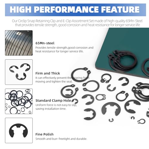 Glarks 312Pcs 65Mn-Steel Circlip Snap Retaining Clip and E-Clip Assortment with Snap Ring Plier Set, 4MM-28MM C-Clip External Retaining Rings and 1.5MM-10MM E-Ring Circlip Rings and A Tweezer
