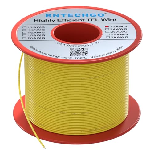 BNTECHGO 22AWG FEP Teflon Coated Wire Yellow 100ft Tin-Plated Copper | 22 Gauge Strands Wire High-Temp FEP Insulation, -65°C to 200°C Rated, Aerospace Wiring, Medical Wiring, Scientific Equipment - size: 100ft Yellow