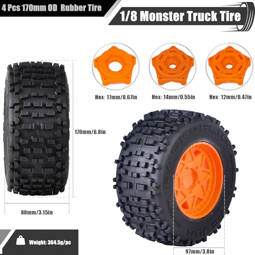 3.8" MT Monster Truck Tires with Foam Insert - 17mm/14mm/12mm Hex Adapters Included, Compatible with TRAXXAS Sledge, ARRMA KRATON, Outcast, Tamiya, HSP (Set of 4), Replacement Part of AR510092 - color: Orange Rim, size: 8