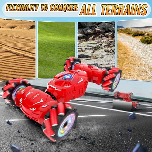 Pristar RC Stunt Cars, Gesture Sensing Remote Car Toys for 6-12 Boys Girls | 2.4Ghz Hand Remote Control Car with Spray Lights Music 360° Rotation 4WD Off-Road, Birthday Xmas Gifts for Kids Age 6-12 - color: Red