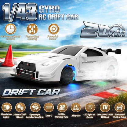 RC Drift Car, 1/43 Mini RC Drift Car with Gyro, 2.4GHz Full Proportional Control, 20M/H 4WD High Speed Remote Control Alloy, LED Lights & Drift Tires, Toys Gift for Adults, Boys and Girls - color: White