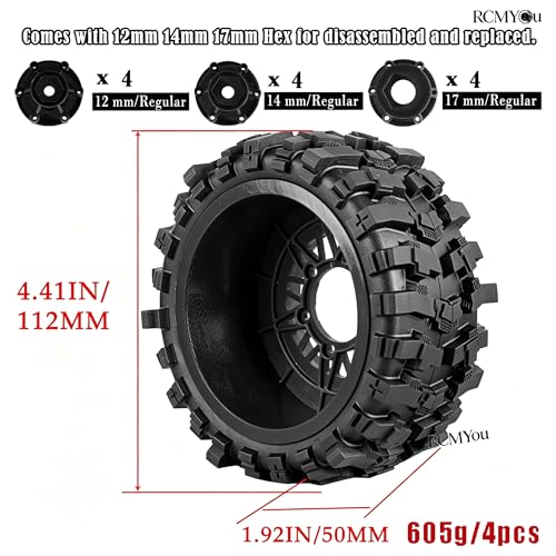 Rc Wheels and Tires Set for 1/10 Slash 2WD 4×4 4WD,Senton,Axia1,Redca t,Rc4w d,Detachable Replacement Running on Off-Road Tire,on-Road Tire w/12mm/14mm/17mm Hex,Soft Tires Plastic Rim,Black - color: Black (1/10)