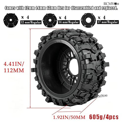 Rc Wheels and Tires Set for 1/10 Slash 2WD 4×4 4WD,Senton,Axia1,Redca t,Rc4w d,Detachable Replacement Running on Off-Road Tire,on-Road Tire w/12mm/14mm/17mm Hex,Soft Tires Plastic Rim,Black - color: Black (1/10)