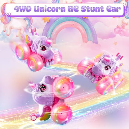Remote Control Car Unicorn Monster Trucks for Girls 360° Rotating 4WD Stunt RC Cars with LED Lights and Music, 2.4GHz Toy Various Terrain Pink RC Cars Birthday Gifts for Kids Girl Age 3-12 (Large) - style: Large