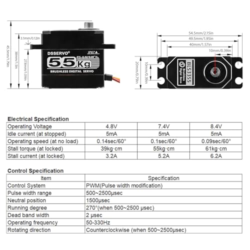 55KG Waterproof Brushless servo Full Metal Gears High Torque Fast Digital Servo for 1/8 1/10 1/12 RC Car/Shockproof Rc Car Servo (270 Degree) - color: Black 270 Degree