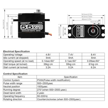 55KG Waterproof Brushless servo Full Metal Gears High Torque Fast Digital Servo for 1/8 1/10 1/12 RC Car/Shockproof Rc Car Servo (270 Degree) - color: Black 270 Degree