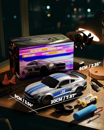 RC Drift Car, 1:20 Scale Remote Control Car for Beginners & Adults | LED Lights, 2.4GHz, 20KM/H, 4WD, Drifting Tires, 2 Batteries, Roadblock, Racing Sports Gift Idea - color: Silver