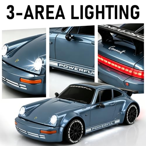 1:20 RC Drift Car, 2.4GHz 4WD 360° Fixed Point Drift for Boys | 50 min playtime with 2 batteries, 2 tire sets (drift & off-road), 3 LED lights, great gift for kids 6-12 - color: Gray-blue