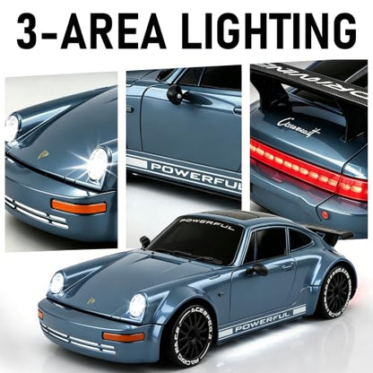 1:20 RC Drift Car, 2.4GHz 4WD 360° Fixed Point Drift for Boys | 50 min playtime with 2 batteries, 2 tire sets (drift & off-road), 3 LED lights, great gift for kids 6-12 - color: Gray-blue