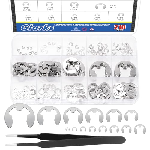 Glarks 211pcs 304 Stainless Steel E-Clips Retaining Rings Assortment Set 14 Sizes E-Ring Circlip Rings Heat Treated External Retaining Clips E-Clips Retainer Circlip Rings with Tweezers for Gears