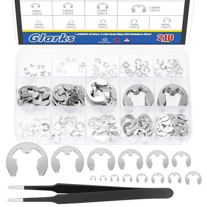 Glarks 211pcs 304 Stainless Steel E-Clips Retaining Rings Assortment Set 14 Sizes E-Ring Circlip Rings Heat Treated External Retaining Clips E-Clips Retainer Circlip Rings with Tweezers for Gears