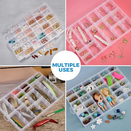 36 Grid Clear Plastic Organizer - Pack of 2- Bead Storage, Craft Organizer, DIY Small Parts Organizer, Jewelry Box, Fishing Tackle Box, Sewing, Nail Storage w/ Adjustable Dividers & 5 Sticker Labels