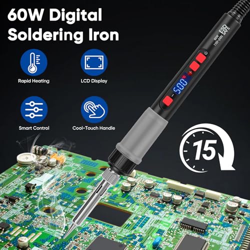 Soldering Iron Kit, 60W Soldering Tools with LCD Digital Display, 180°-500°C / 356°-932°F Adjustable Temperature, 5 Tips for Electronics Repair, Jewelry, DIY Projects