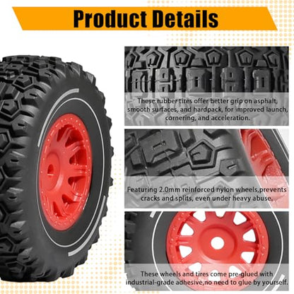 Pre-glued 64mm Wheels &Tires with 12mm Hex for 1/14 Truck, Red | Rubber Tire and Nylon Rim for ARRMA Mojave GROM, HPI, Traxxas Slash, Tamiya, Toyota, WLtoy 1/14 1/16 1/18 RC On/Off-Road Car - color: Red