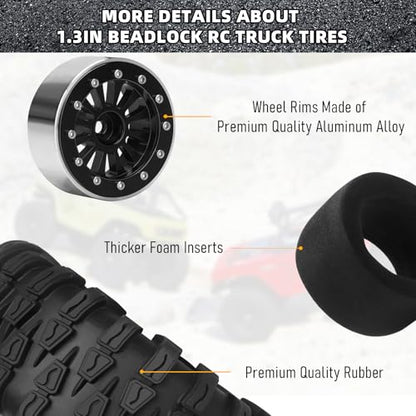 daitoku 1.3 Beadlock Wheels and Tires 1.3" Wheel Tires Set for 1/18 1/24 Trx4m SCX24 RC Crawler Car (4PCS) - Black - color: Black