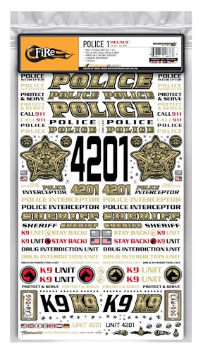 FIRE BRAND RC® Police RC Decals (Golden) Multi-Fit™ Vinyl Decal Sheet (8.5″ x 14″) – for 1:10 Scale RC Vehicles, Solvent and Metallic Inks, Die-Cut, Easy Peel-and-Stick