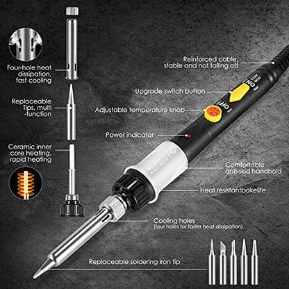 60W Adjustable Temperature Soldering Iron Kit, 8-in-1 Solder Kit Electronics with ON/Off Switch, 5 Soldering Tips, Solder Wire, Stand, Welding Tool for Soldering and Repair