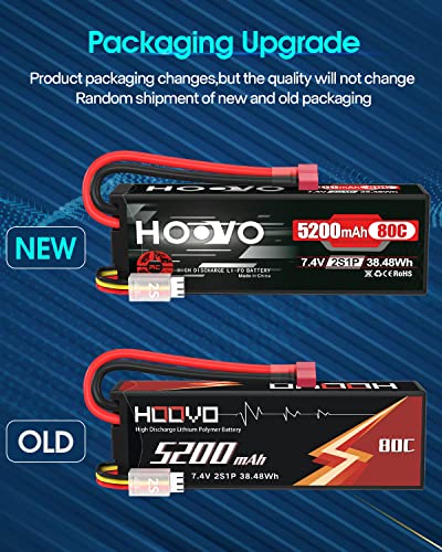 HOOVO 2S 7.4V 5200mAh 80C RC LiPo Battery Hard Case with T Connector 2 Pack | for RC Buggy Vehicles Car Boat Truck - style: 2S 5200mAh