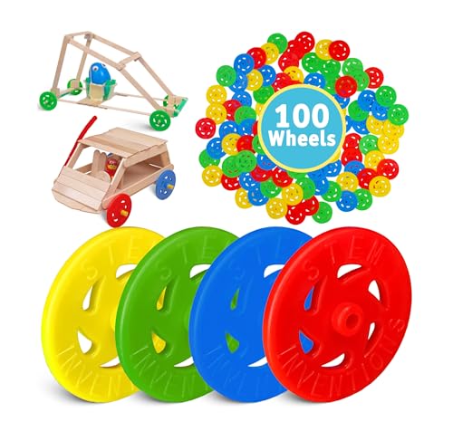Toy Wheels, 100-Pack – Small Plastic Wheels for Crafts and STEM Projects | Build for 25 four-wheeled STEM car projects. Works with 1/8-inch wood dowels. Open-source project ideas included - color: Multi, size: 100pcs