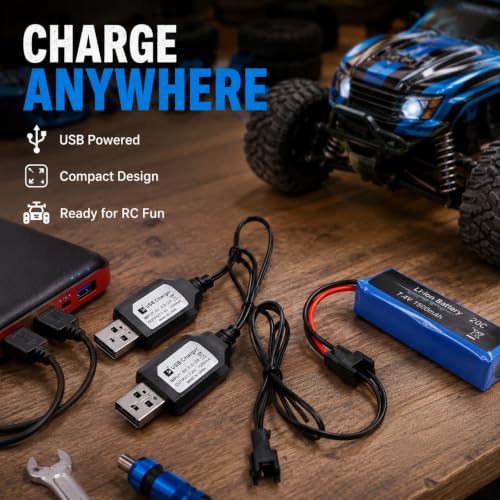 7.4V SM-3PIN RC Car Charger for Li-Ion Battery | Fast Charging & Overcharge Protection | Compatible with Remote Control Toys Battery, Universal Charger for 2S 7.4V LiPo/Li-Ion Batteries (2Pack)