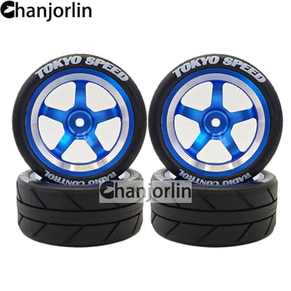 1/10 On Road Racing Tires And 5-Spoke Aluminum Wheels 12mm Hex OD 2.56" RC Touring Tyres For 1:10 Rally Street Drift Car Tamiya TT01 TT02 XV01 A959 PTG2 KYOSHO HSP Traxxas 4PCS (Blue) - color: Blue
