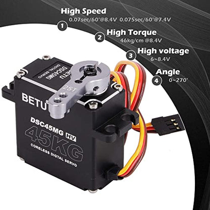 45Kg Coreless Servo Motor HV 8.4V, High Torque RC Digital Servo | Full Waterproof Servo, Stainless Steel Gear Servo with 25T Servo Horn(180°)
