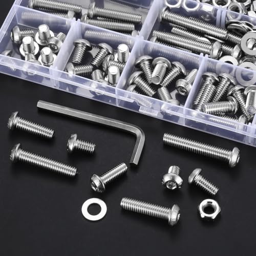 178 Pcs M6 Screws Assortment Kit, Metric Nuts and Bolts Assortment Kit, Hex Socket Button Head Cap Screw Bolts and Nuts Kits, Hex Socket Screw Set, Machine Screws Set, with Spanner(Silver) - size: M6