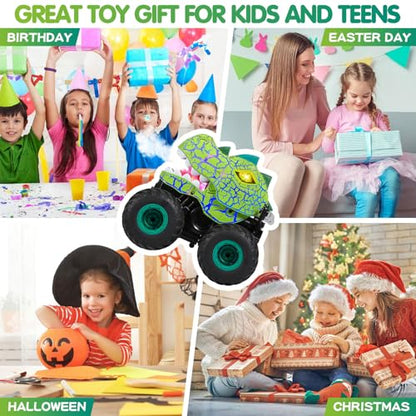 DYODYORC Remote Control Car, 2.4Ghz All Terrain Dinosaur Monster Truck Toys, RC Truck with Spay, Music, 3 Lighting Effects, Stunt Capable, Toy Gifts for Boys and Girls (Green) - color: Green