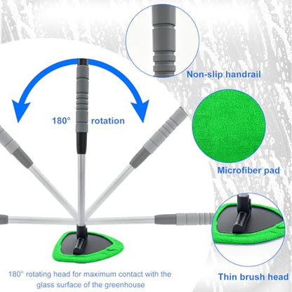 Windshield Cleaning Tool, Auto Window Cleaning Kit with 4 Reusable Microfiber Pads & Extendable Handle, Portable Windshield Cleaner Rotating Head Glass Wiper for Most Cars (Green) - color: Green