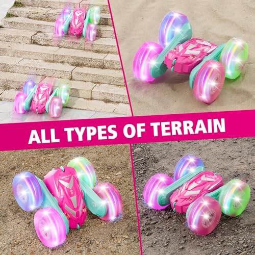 Amicool Remote Control Car for Girls 6-12 with Flashing Light, Toys 6 7 8 9 Years Old Girl Birthday Gifts Idea, RC Cars Stunt 4WD 2.4Ghz Double Sided 360° Flip, Present for Kids, Christmas, Pink - color: Pink