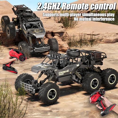 Large Size RC Cars, Rock Crawler RC Truck with 2 Rechargeable Batteries, 6 Wheel Remote Control Monster Truck, Durable Metal Body & LED Headlights, Boy Toys for 4-7, 8-12 Kids & Adults - color: 6 Wheels Black