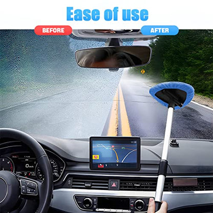 Windshield Cleaning Tool, Car Window Cleaner with Extendable Long Handle and 4 Washable Reusable Microfiber Pads, Auto Interior Exterior Glass Wiper Cleaning Kit Universal for Office and Home (Blue) - color: Blue