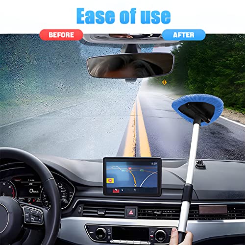 Windshield Cleaning Tool, Car Window Cleaner with Extendable Long Handle and 4 Washable Reusable Microfiber Pads, Auto Interior Exterior Glass Wiper Cleaning Kit Universal for Office and Home (Blue) - color: Blue