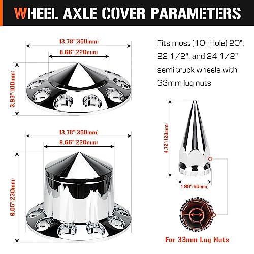 Aeagle Axle Cover Combo Kits for Semi Truck Hubs w/Screw-On 33mm Lug Nut, Spike ABS Plastic Chrome Plated, 2 Front & 4 Rear, 10 Hole Removable Caps, 6Pcs - color: Front & Rear Spiked