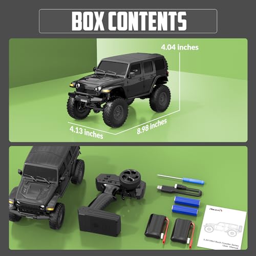 FLYCOLOR 1/24 RC Rock Crawler 4WD All Terrain Climbing Truck RTR Black | Metal Gear Full Ball Bearing LED Headlight 2 Batteries 40min Hobby Grade Waterproof Offroad Monster Truck Remote Control Car - color: Black