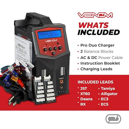 Venom Power Pro Duo LiPo Battery Charger - LCD Screen, Charging Leads - Balance Charger & Discharger for LiPo, LiHV, Li-Ion, Life, NiMH, NiCD, Pb Batteries - Power Supply for 1S- 6S, Drone & RC Cars