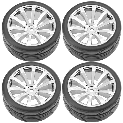 ShareGoo OD 2.55" Rubber Tires w/Plastic Wheel Rims 12mm Hex Compatible with HSP Tamiya Kyosho Traxxas Sakura WLtoys 1/10 RC On Road Racing Touring Car (Silver) - color: Silver