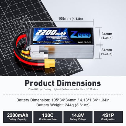 Zeee 4S Lipo Battery 2200mAh 14.8V 120C with XT60 Plug RC Graphene Battery for RC Models RC Boat FPV Drone Quadcopter Helicopter Airplane RC Car(2 Pack)