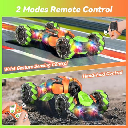 Nicella Remote Control Car, RC Toys Gifts for 6 7 8 9 10 11 12 Year Old Boys Girls - 360° Rotating 4WD Gesture Sensing RC Sunt Car with Lights & Music - Cool Birthday Gifts for Kids - color: Orange/Green