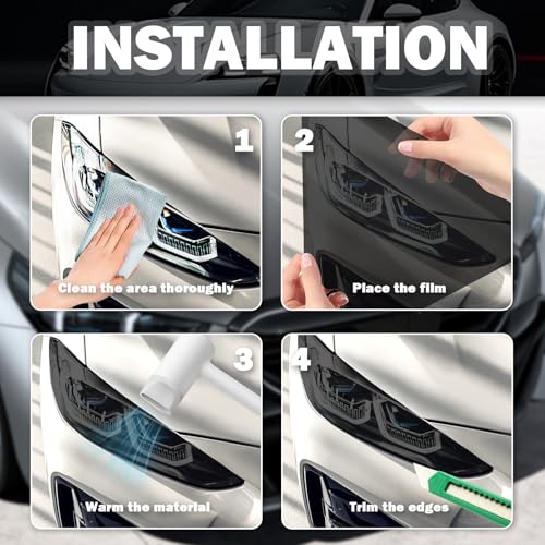 12×47" Car Headlight Tint Film,Cuttable Taillight Tint Film Kit with Squeegee & Cutter,Waterproof Tail Light Tints Films Car Exterior Accessories for Headlights Fog Lights Tail Lights (Black) - color: Black