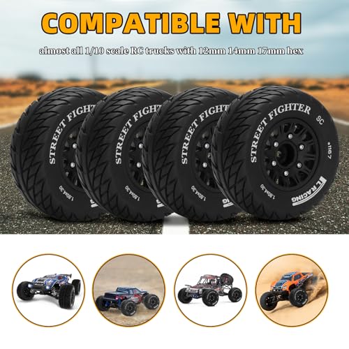 12mm/14mm/17mm Hex RC Wheels and Tires RC Truck Tires RC Car Wheels 1/10 Scale Tyres Hex Detachable Replacement RC Car Tires for Arrma Senton Tires Slash Tires Axial Redcat Rc4wd Fury (Black C) - color: Black