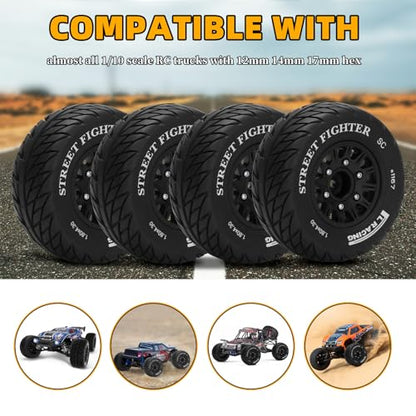 12mm/14mm/17mm Hex RC Wheels and Tires RC Truck Tires RC Car Wheels 1/10 Scale Tyres Hex Detachable Replacement RC Car Tires for Arrma Senton Tires Slash Tires Axial Redcat Rc4wd Fury (Black C) - color: Black