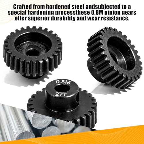 3-Pack Steel Metal 0.8M 5mm Pinion Motor Gear Sets 27T Compatible with HPI Kyosho Losi Axial Tamiya 1/8 1/10 RC Car Monster Truck Buggy, 0.8 Module Gear for Traxxsa Arrma - style: 3Pcs 27T