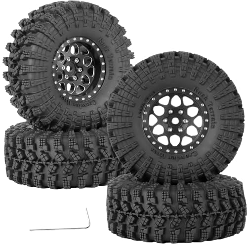 1.3" Beadlock Wheel Tires Set for 1/18 1/24 SCX24 TRX4M RC Crawler Car,Alloy RC Wheel Rims Brass Coating Rings All Terrain RC Tires,Black - color: Black(4pcs)