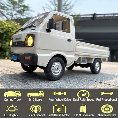 HLSFWDRIVE WPL D14 RC Kei Truck 4x4 Remote Control Drift Car 1/10 Scale | Suzuki RC Car 4WD Carry 2.4 GHz 280 Motor Proportional Throttle Seering Hobby Toy Adult 2 Batteries
